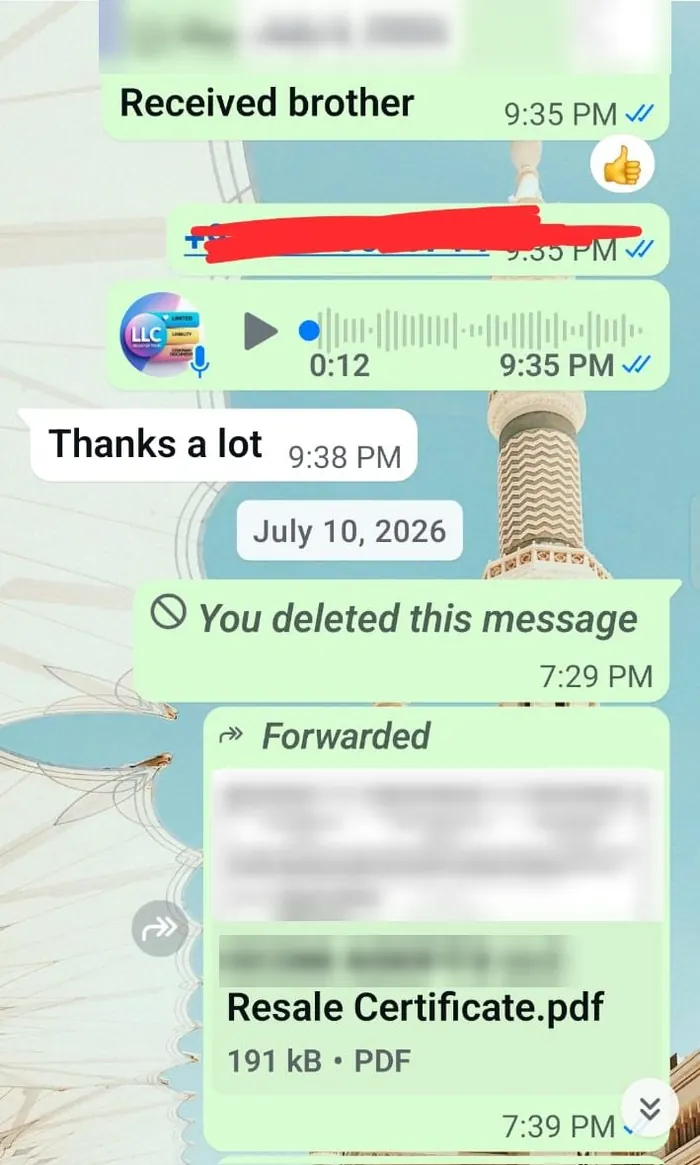 Wyoming resale certificate sent to a client on WhatsApp