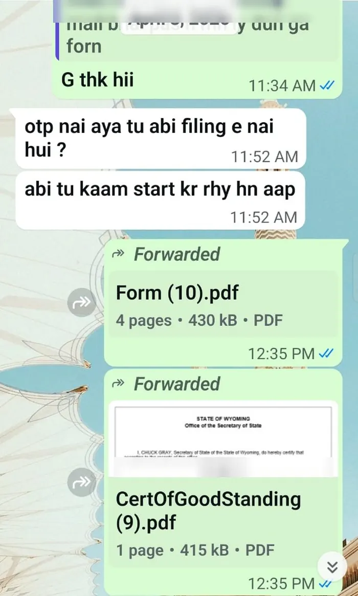 Wyoming Certificate of Good Standing sent to a client on WhatsApp