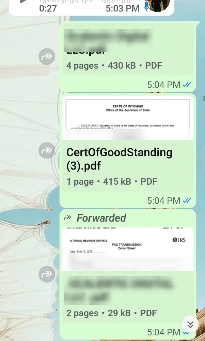 Wyoming Certificate of Good Standing and IRS EIN fax sent to a client on WhatsApp