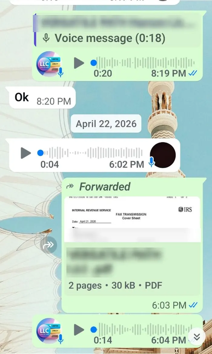 IRS EIN confirmation fax sent to a client on WhatsApp