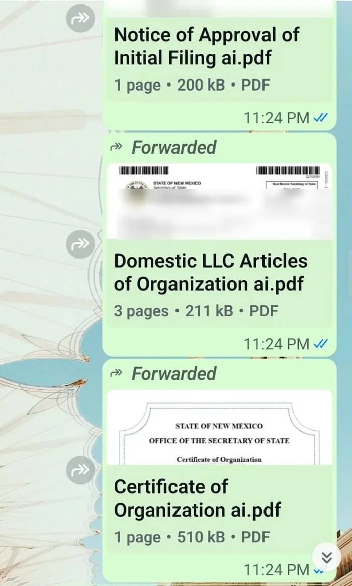 New Mexico LLC approval, Articles of Organization and Certificate of Organization sent to a client on WhatsApp